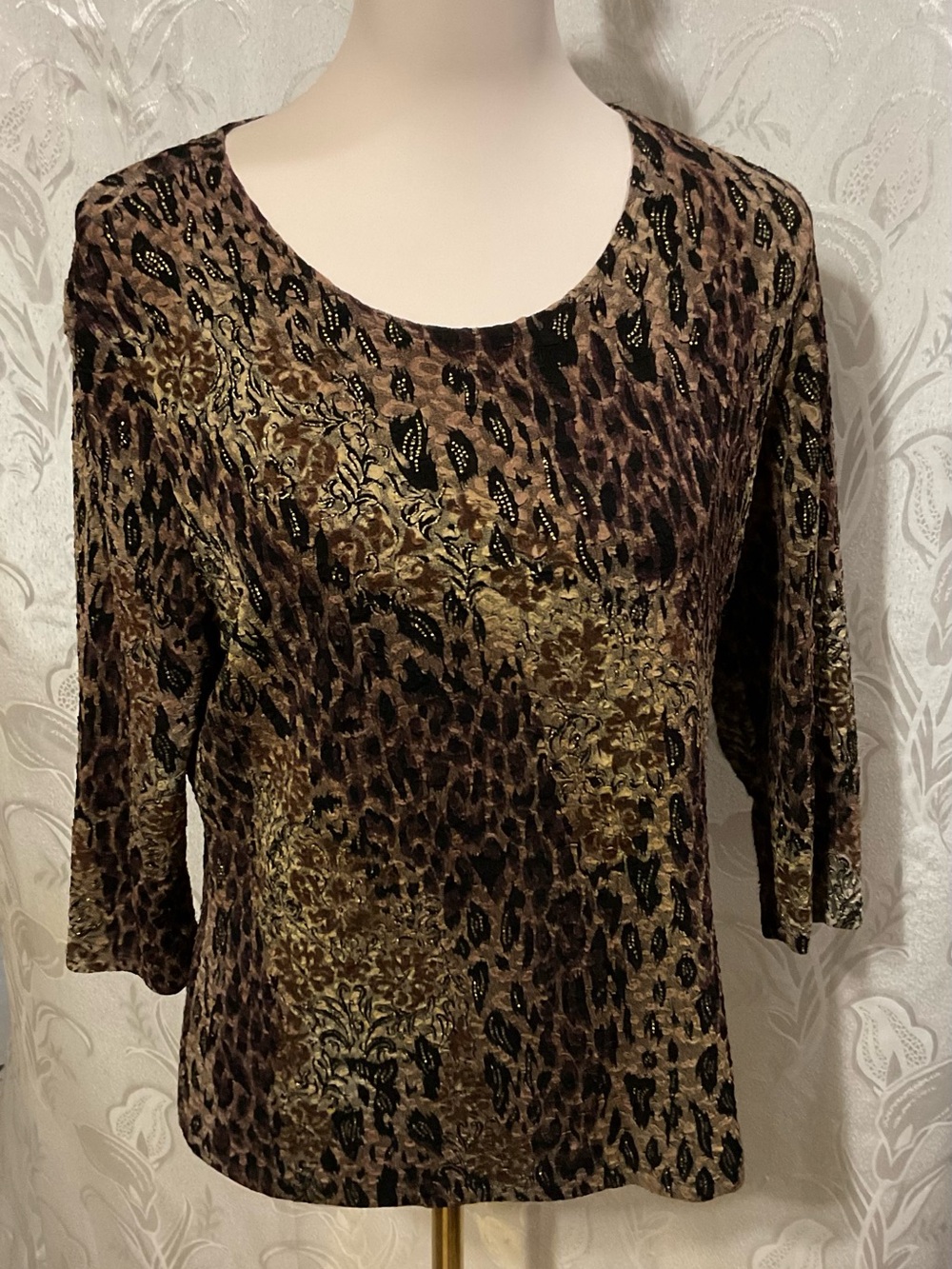 Brittany Black Brown Animal-Print Long Sleeve Scoop Neck Top